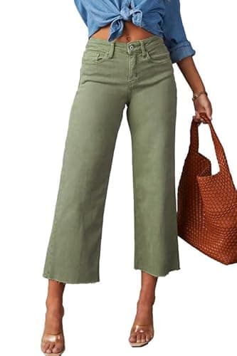 Allimy Women's High Waisted Straight Ankle Wide Leg Ripped Jeans Frayed Hem Stretchy Capri Denim Pants Olive Size 4 - Image 6