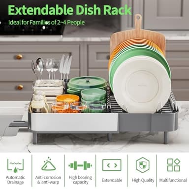 Expandable Dish Drying Rack,Foldable 304 Stainless Steel Dish Rack with Dual Parts, Extendable Dish Drainer Rack for Kitchen Counter, Dish Drying Rack with Cutlery Holder Gray - Image 3