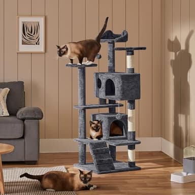Yaheetech 54in Cat Tree, Multi-Level Cat Tower with Spacious Kitten-ear Perch, 2 Cozy Caves, Scratching Posts, Climbing Ladder, 2 Plush Balls, Durable Pet House Furniture for Indoor Kittens, Dark Gray - Image 8