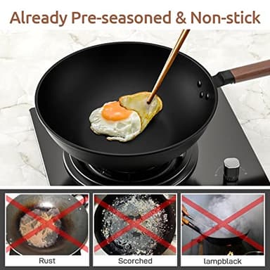 Todlabe Carbon Steel Wok, 13-Inch, Pre-Seasoned, Non-Stick, with Lid and Spatula, Flat Bottom, Ideal for Stovetop Cooking - Image 3