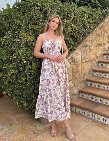 Women's Summer Dresses 2025 Sleeveless Flowy Casual Floral Maxi Dress V Neck Smocked Long Dresses - Image 5