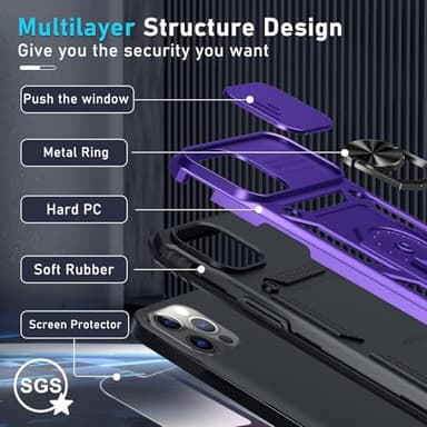 Janmitta Case for iPhone 16e Phone Cover Built in Slide Camera Lens Cover+Screen Protector,Heavy Duty Shockproof Full Body PhoneCase with Finger Ring Holder Kickstand,2025 Purple - Image 4