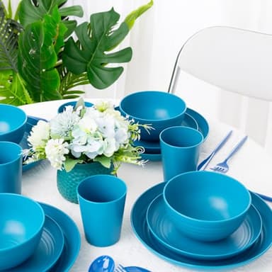 LIYH 48 Pcs Blue Wheat Straw Dinnerware, Plates and Bowls Set, Camping Dish Set for 12, Plastic Dinnerware Set, Dishwasher Safe Dinnerware Set, Unbreakable Plastic, Camper Dish Sets - Image 8