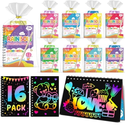 FEREDO KIDS Party Favors for Kids: 16 Pack Rainbow Scratch Art Notebook Back to School Students Classroom Gifts Bulk for Girls Boys Goodie Bags Stuffers, Return Gifts for Birthday Party Favors Bulk - Image 1