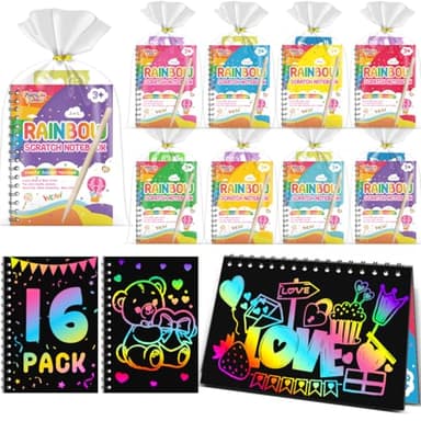 FEREDO KIDS Party Favors for Kids: 16 Pack Rainbow Scratch Art Notebook Back to School Students Classroom Gifts Bulk for Girls Boys Goodie Bags Stuffers, Return Gifts for Birthday Party Favors Bulk - Image 1