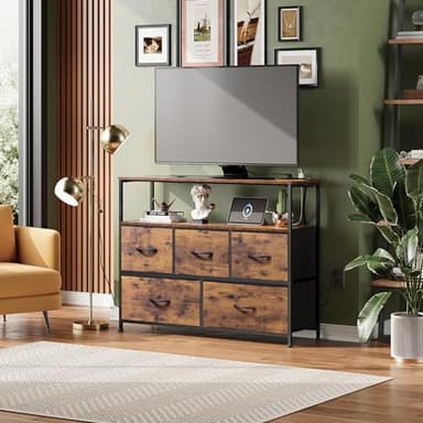 WLIVE Dresser for Bedroom, 5 Drawer Dressers with Charging Station, Fabric Chest of Drawers with Open Shelves, Storage Dresser for Living Room, Closet, Entryway, Rustic Brown Wood Grain Print - Image 2