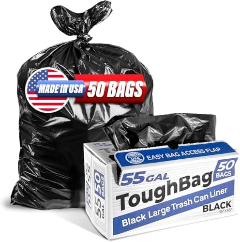 ToughBag 55 Gallon Trash Bags, 55-60 Gallon Trash Bags Heavy Duty (50 COUNT) - Large Black Trash Can Liners, 50-60 Gal for Contractors, Commercial, and Lawn - Made in USA - Image 1