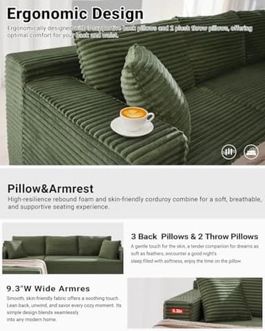 Cloud Sectional Couch,105 Inch Modern Modular Sectional Sofa with Deep Seat,Corduroy Boneless Couches with L-Shape Chaise for Living Room Bedroom,No Assembly Required (Green, Left Facing Chaise) - Image 6