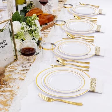 I00000 700Pcs Gold Dinnerware Set for 100 Guests, Plastic Plates for Party, Include: 100 Rim Dinner Plate, 100 Dessert Plate, 100 Paper Napkins, 100 Cups, 100 Gold Plastic Silverware Set - Image 6