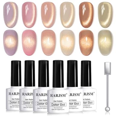 RARJSM Gold Glitter Cat Eye Gel Nail Polish Set 6Pcs Nude Pink Light Purple Brown Gray Green Velvet Ice Jelly Glitter Cateye Gel Polish with Magnetic Stick UV LED Curing Require Home Salon Nails - Image 1