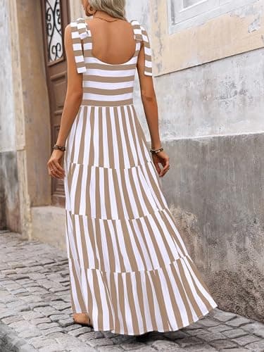 PRETTYGARDEN Womens Dresses 2025 Summer Striped Sleeveless Maxi Dress Casual Spaghetti Strap Tiered Flowy Beach Long Dress(Striped Khaki,Small) - Image 4