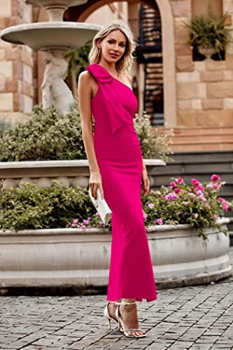 PRETTYGARDEN Women's Summer One Shoulder Long Formal Dresses Sleeveless Ruched Bodycon Wedding Guest Slit Maxi Dress (Rose Red,Small) - Image 8