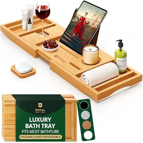 ROYAL CRAFT WOOD Bathtub Tray Caddy for Tub, Bamboo Bath Shelf, Premium Foldable Wood Bath Table, Expandable Bathtub & Bathroom Accessories, New Home Gifts for Mom, Housewarming, Anniversary, Wedding - Image 1