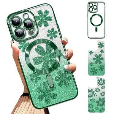 Illians Phone Cover Case Fit for iPhone 14 Pro Max Green | Compatible with MagSafe, Glitter Case, with Camera Protector, 2 Pieces of Flowers Floral Design, Soft, Shockproof, Anti-Scratch, for Women - Image 1