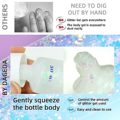 DAGEDA Body Glitter Gel, Face Glitter Body Gel Sequins Shimmer Liquid Eyeshadow, Chunky Glitter for Face Hair Nails, Holographic Cosmetic Laser Powder Festival Glitter Makeup 50ml(White) - Image 5