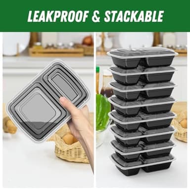 50 Pack (100-Piece) 28 oz Meal Prep Containers Reusable with Lids 2-Compartment, Sturdy Leakproof Food Safe, Microwave Freezer Dishwasher Safe, To Go Take Out Plastic Food Storage, Black - Image 5