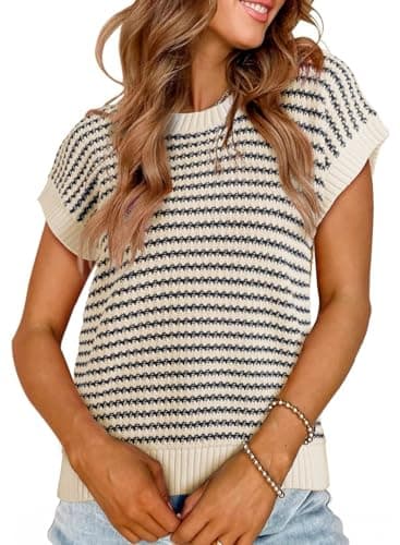 EVALESS Women's Casual Striped Round Neck Sweater Vest Drop Shoulder Short Sleeve Loose Fit Knitted Plus Size Pullover Tops Apricot Small - Image 4