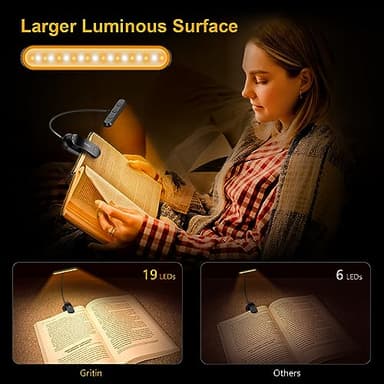 Gritin Rechargeable Book Light for Reading in Bed with 19 LED &Memory Function-Eye Caring 3 Color Temperatures,5 Brightness Levels,80 Hrs Runtime Flexible Goose Neck Clip on Light for Book Lovers - Image 4