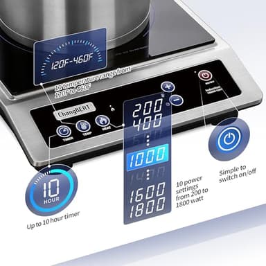 ChangBERT Induction Cooktop, Commercial Grade Portable Cooker, Large 8” Heating Coil, Premium Stainless Steel Countertop Burner with NSF Certified, 10 Hours Timer Powerful 1800W Professional Hot Plate - Image 2