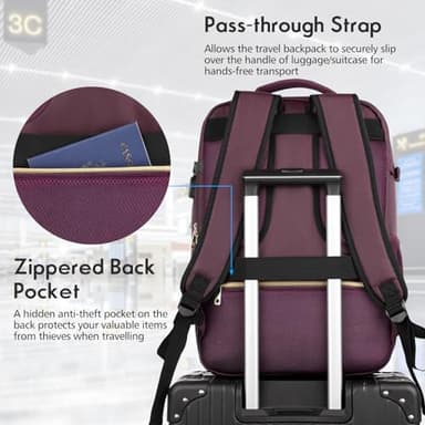 MOMUVO Large Travel Backpack Women, Flight Approved Carry On Backpack, Water Resistant Anti-Theft Large Casual Daypack Fit 17 Inch Laptop with USB Charging Port, Dark Purple - Image 5