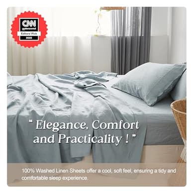 Simple&Opulence 100% Pure Linen Sheet Set Queen Size, Natural French Flax Solid Color 4 Pcs Washed Breathable, Farmhouse Bedding (1 Flat Sheet,1 Fitted Sheet,2 Pillowcases)-Embroidery Dusty Blue - Image 3