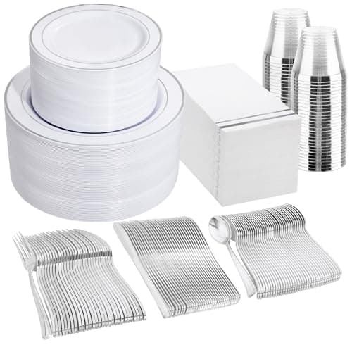 GATHER 700PCS Silver Plastic Plates - Silver Plate Set 100Guest - Disposable Dinnerware Sets 100Silver Rim Dinner Plates 100Silver Dessert Plate 100Paper Napkins&Cups&silver Plastic Silverware Set - Image 1