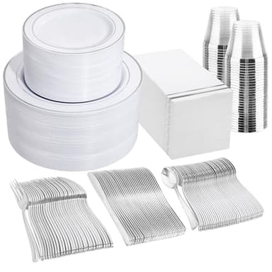 GATHER 700PCS Silver Plastic Plates - Silver Plate Set 100Guest - Disposable Dinnerware Sets 100Silver Rim Dinner Plates 100Silver Dessert Plate 100Paper Napkins&Cups&silver Plastic Silverware Set - Image 1
