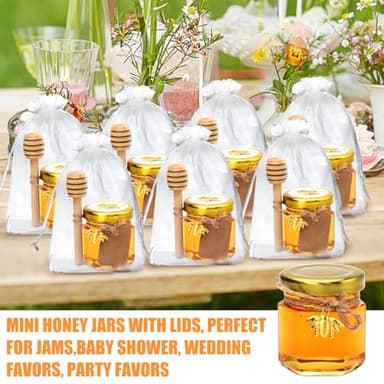 XING-RUIYANG 60 pack 1.5 oz Mini Honey Jars，baby shower favors,There's honey sticks, bee pendants, stickers and gold goodie bags，Suitable for wedding party gifts - Image 5