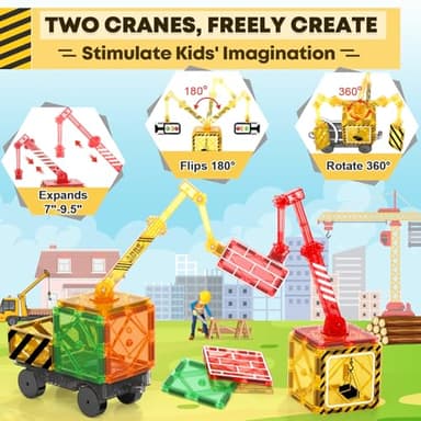 Kids Games Magnetic Tiles with 2 Cranes Construction Set Sensory Toys for Boys Girls Ages 3-6 5-7 8-13, Gifts for 3+ Year Old Boys Girls Toddler Outdoor Kids Toys with Car - Image 2