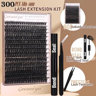 Geeneiya Volume Lash Clusters Kit DIY Lash Extension Kit D Eyelash Extensions with Lash Bond and Seal Tweezers,10-14mm Eye Corner Eyelashes and 16-18MM Cluster Lashes 300Pcs - Image 2