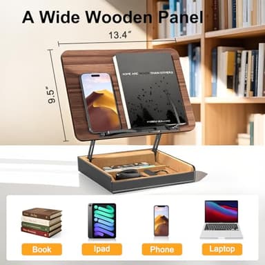 HUMANCOZY Book Stand with Storage, Book Holder for Reading Hands Free, Wooden Cookbook Stand for Kitchen Counter, Adjustable Reading Stand for Desk, Recipe Stand, Book Prop for Book Lovers - Image 2