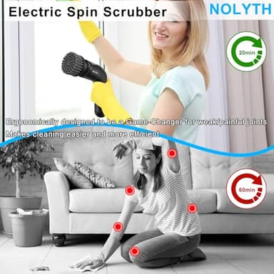 NOLYTH Electric Scrubber for Cleaning Bathroom: Cordless Spin Brush for Shower Tub Tile Floor - 2 Speed 8 Replaceable Heads IPX7 Waterproof 90 Mins Working Time - Ergonomic Design for Arthritis - Image 5