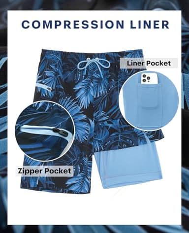APTRO 2 in 1 Men's Swim Trunks 9" with Zipper Pockets Bathing Suit Built-in Board Shorts Swimwear Long Shorts Palm Blue 1X - Image 5