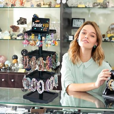 Donmills Bracelet Holder, 360° Rotating Wooden 3 Tier Rotating Jewelry Display Stand, Tree Stand Display with Advertising Board, 39 Hooks for Bracelet, Key Chain Display Stand for Vendors Black Color - Image 3