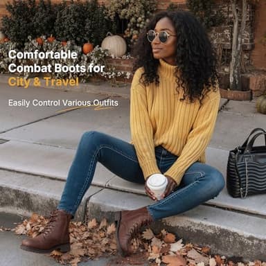 Vepose Women's Ankle Boots Lace up, Flat Fashion Combat Booties Low Heel, 910 - Cognac, Red Brown, Size 7 US (CJY910 Cognac 07) - Image 7