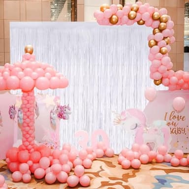 White Metallic Tinsel Foil Fringe Curtains, 2 Pack 3.3x8.3 Feet Streamer Backdrop Curtains for Birthday Party Decorations, Halloween Decor, Foil Curtain Backdrop for Bachelorette Party - Image 2