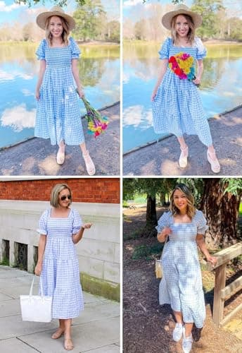 ZESICA Women's 2025 Bohemian Summer Plaid Square Neck Puff Sleeve Ruffle Flowy Beach Midi Dress,LightBlue,Small - Image 6