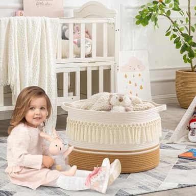 KAKAMAY Large Blanket Basket (20"x13"),Woven Baskets for storage Baby Laundry Hamper, Cotton Rope Blanket Basket for Living Room, Laundry, Nursery, Pillows, Baby Toy chest (White Fringe) - Image 2