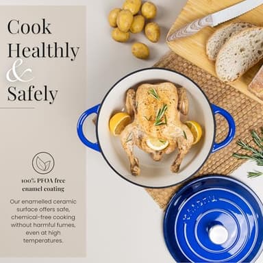 Nuovva Enamelled Cast Iron Dutch Oven Pot with Lid – 6.4 Quart Non Stick Casserole Pot – Heavy Duty & Oven Safe up to 500° F for Bread Baking, Braising, Stews, Roasting – 28cm Dark Blue - Image 5