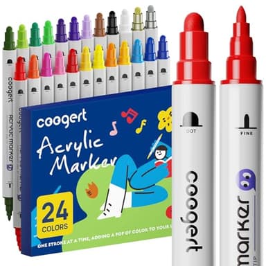 Coogert 24 Dual Tip Acrylic Paint Markers, Fine Tip and Dot Tip Acrylic Paint Pens For Rock Painting, Canvas, Wood, Glass, Ceramic, Fabric, Plastic, Egg, Art Painting Supplies Kit - Image 1