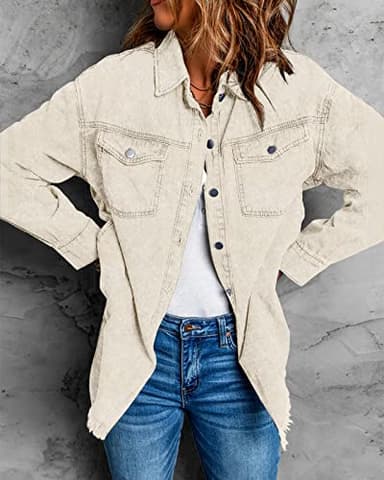 Vetinee Women's Oversized Boyfriend Cannoli Cream Front Button Up Frayed Raw Hem Long Sleeve Pockets Denim Jean Jacket Shacket Large Size 12 Size 14 - Image 3