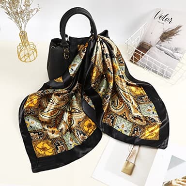 AWAYTR 35” Large Square Satin Head Scarf - 3Pcs Satin Hair Scarves Silk Feeling Bandana Headscarf for Women (Cashew(Camel/Black/Beige)) - Image 8