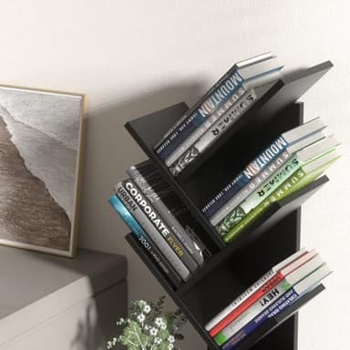 SHEEPAM 5 Tier Tree Book Shelf, Small Desktop Bookshelf with Storage Organizer, Wood Bookcase, Desk Display Bookshelves, Floor Standing Organizer Bookcases for Living Room,Bedroom,Office-Black - Image 5
