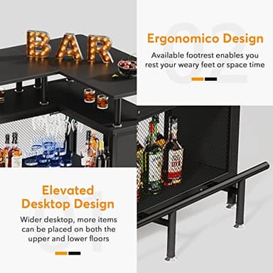 Tribesigns Home Bar Unit, L-Shaped Bar Table with Stemware Racks and 2-Tier Shelves, Corner Mini Coffee Liquor Cabinet with Footrest for Home/Kitchen/Pub, Black - Image 6