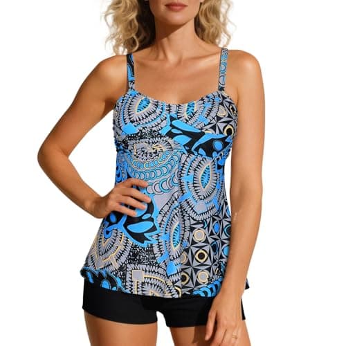 Century Star 2024 Two Piece Womens Tankini Swimsuits Modest Tankini Bathing Suit Tops with Shorts Tummy Control Swimwear Blue Printing Numeric - Image 1
