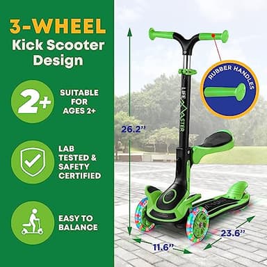 3 Wheel Scooter for Kids with Foldable Seat, Adjustable Handlebar Height, Lean-to-Steer Ride On Toy for Kids Ages 2+, Light-Up LED Wheels, Wide Anti Slip Deck, Indoor & Outdoor Use, Green - Image 5