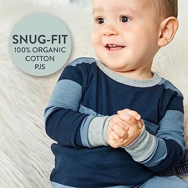 HonestBaby Boys Organic Cotton 2-Piece Snug Fit Pajama Set, Rugby Stripe Navy, 3T - Image 5