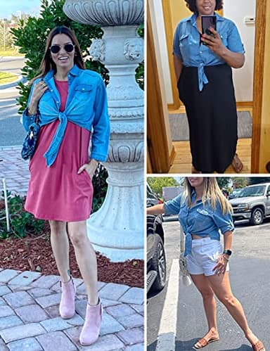 AMEBELLE Women's Roll Up 3/4 Sleeve Tie Front Knot Shirt Chambray Denim Crop Top(0088-LightBlue-M) - Image 3