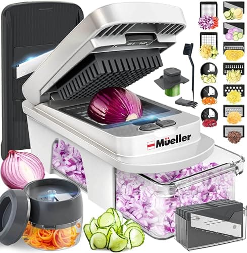 Mueller Pro-Series All-in-One, 12 Blade Mandoline Slicer for Kitchen, Food Chopper, Vegetable Slicer and Spiralizer, Cutter, Dicer, Grater, Kitchen Gadgets Sets with Container, White Sand/Gray - Image 1