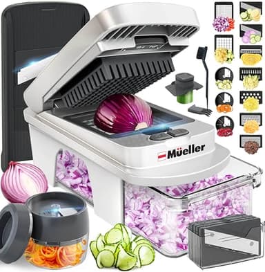 Mueller Pro-Series All-in-One, 12 Blade Mandoline Slicer for Kitchen, Food Chopper, Vegetable Slicer and Spiralizer, Cutter, Dicer, Grater, Kitchen Gadgets Sets with Container, White Sand/Gray - Image 1